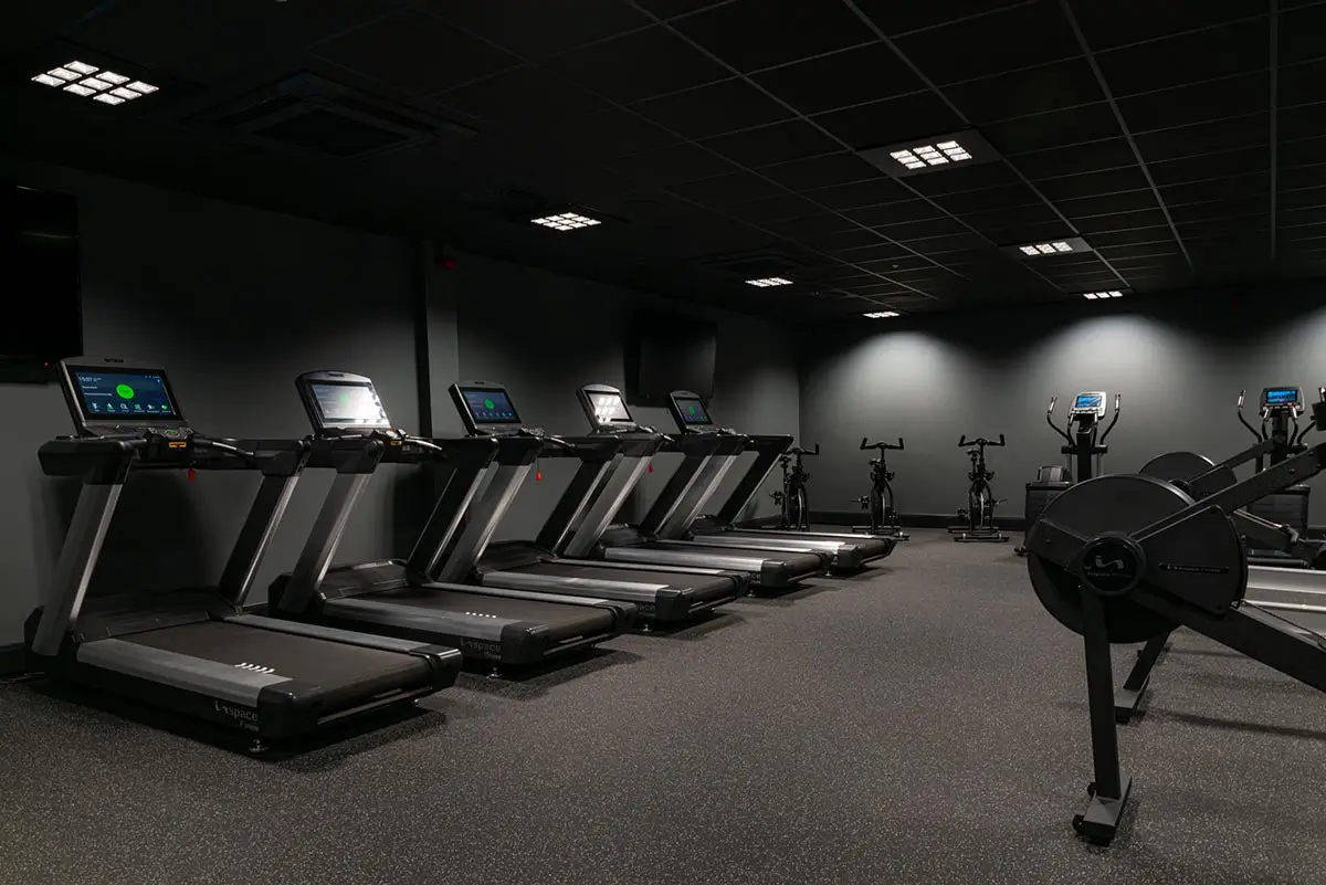 Row of branded Inspace Fitness treadmills, spin bikes, and rowers in a dark gym