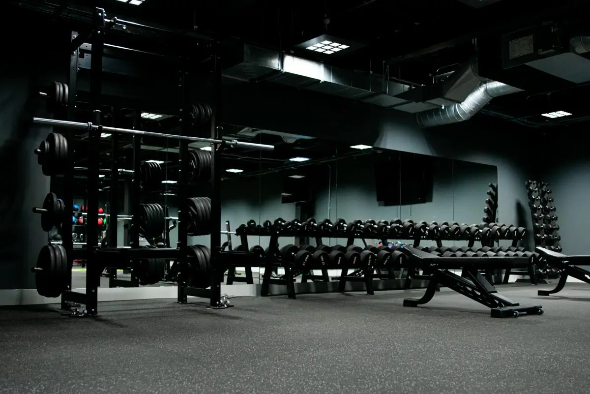 Weight plate storage rack and extensive dumbbell rack inside all-black themed gym area