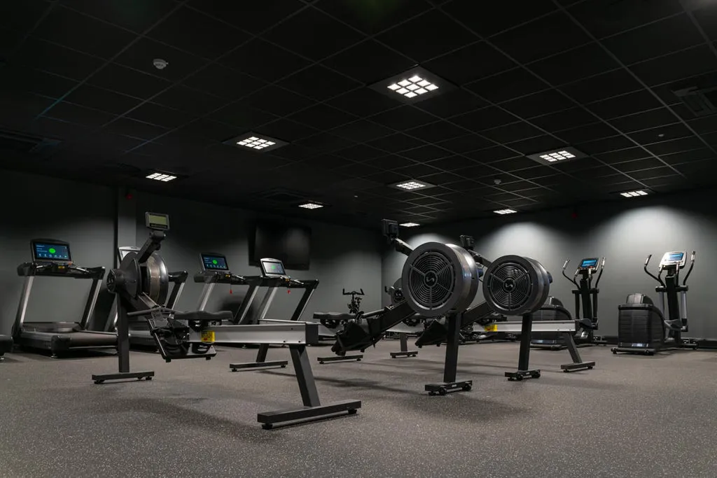 Fan bike rowing machines, treadmills, and cross trainers set up in a dark commercial gym