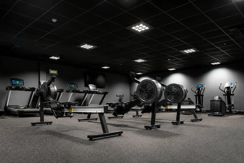 Rowing machines, treadmills, and cross trainers arranged in a moody dark-toned commercial gym