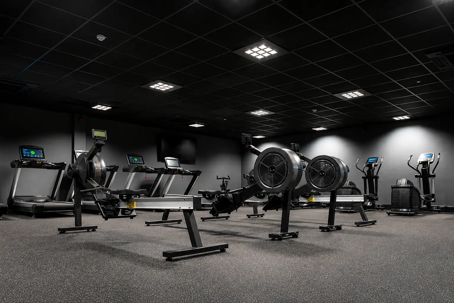 Rowing machines, treadmills, and cross trainers arranged in a moody dark-toned commercial gym