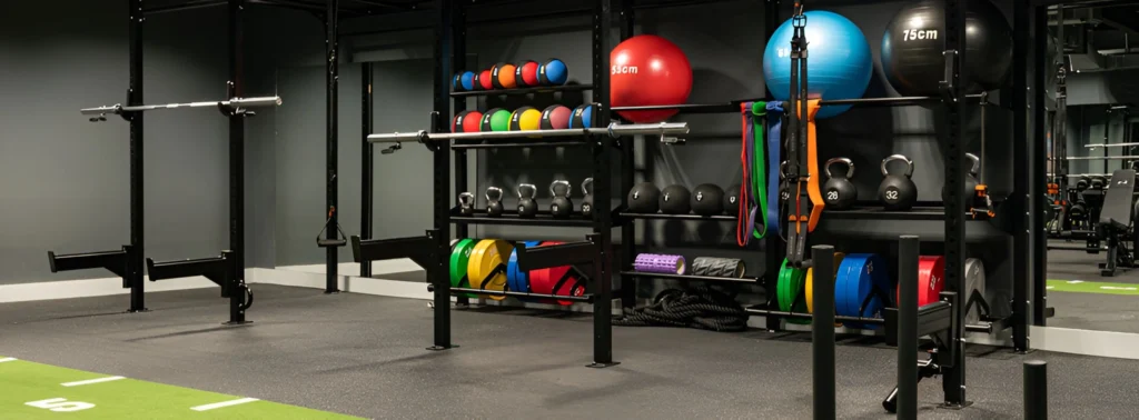 Wall-mounted rig storing kettlebells, medicine balls, resistance bands, and stability balls in gym